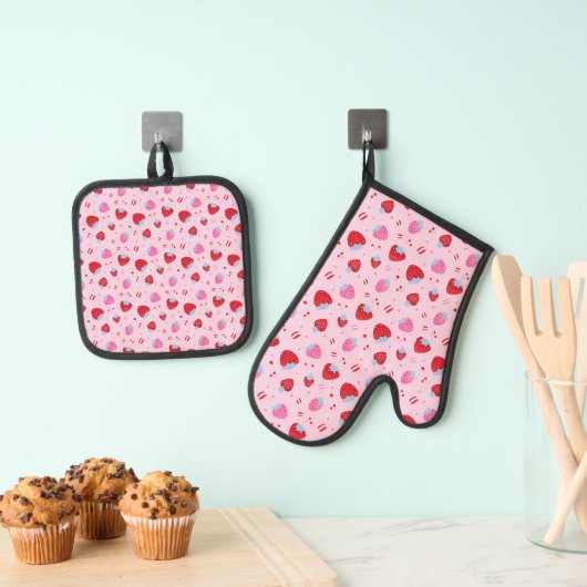 Schattigee Roze Valentijn w / Sweet Aardbeien Kers Ovenwant & Pannenlap Set (Insitu(Ophanging))