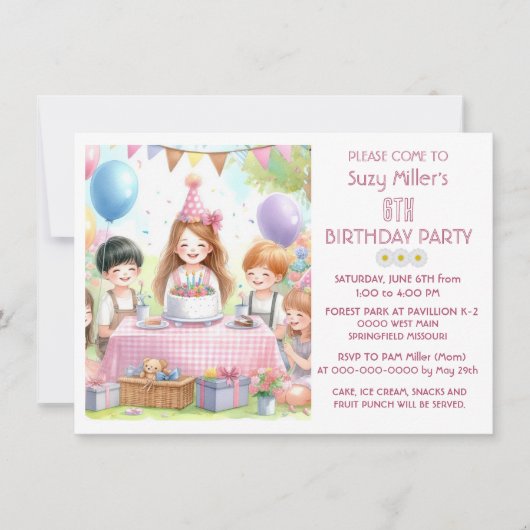 Schattigee Roze Verjaardag Meisje Uitnodiging (Voorkant)