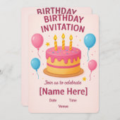 Schattigee Roze Verjaardag Uitnodiging Kaart | (Voorkant / Achterkant)