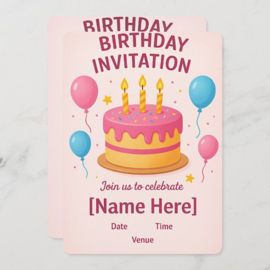 Schattigee Roze Verjaardag Uitnodiging Kaart | (Voorkant / Achterkant)