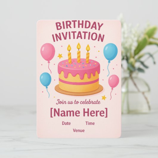 Schattigee Roze Verjaardag Uitnodiging Kaart | (Staand voorkant)