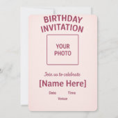 Schattigee Roze Verjaardag Uitnodiging Kaart | (Achterkant)