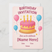 Schattigee Roze Verjaardag Uitnodiging Kaart | (Voorkant)