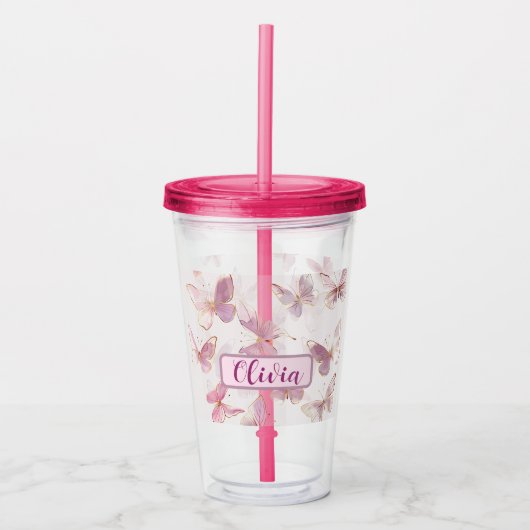 Schattigee Roze Vlinder Gepersonaliseerde Acryl Tu Acryl Drinkbeker (Voorkant)