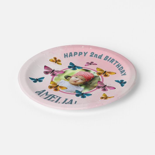 Schattigee Roze Vlinder Meisje Verjaardagsfeest Fo Papieren Bordje (Gekanteld)
