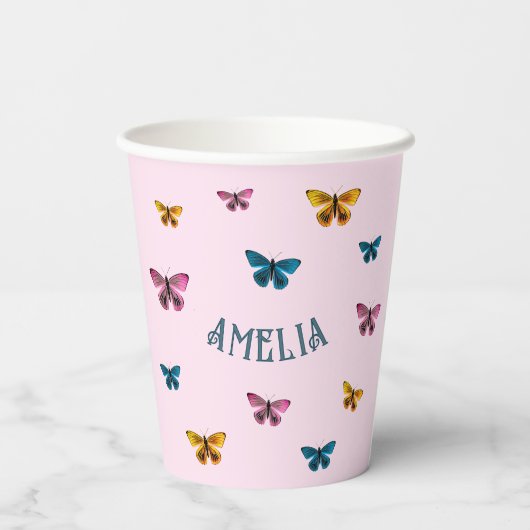 Schattigee Roze Vlinder Meisje Verjaardagsfeest Papieren Bekers (Achterkant)
