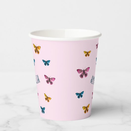 Schattigee Roze Vlinder Meisje Verjaardagsfeest Papieren Bekers (Links)