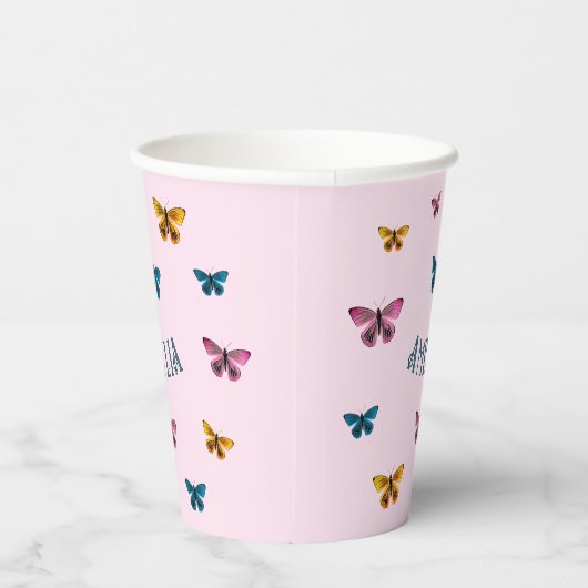 Schattigee Roze Vlinder Meisje Verjaardagsfeest Papieren Bekers (Rechts)
