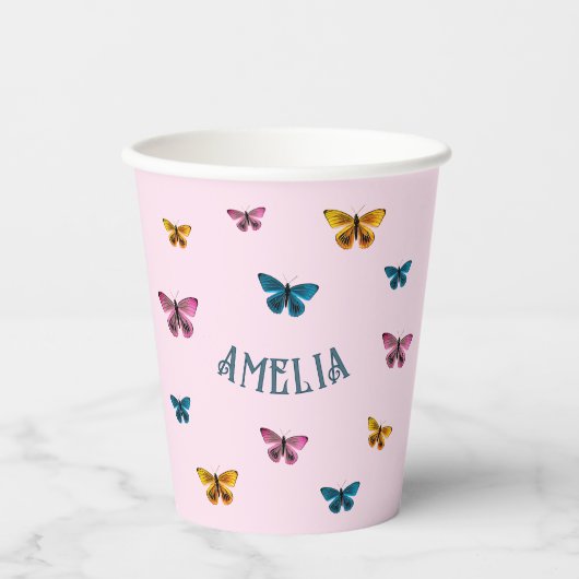 Schattigee Roze Vlinder Meisje Verjaardagsfeest Papieren Bekers (Voorkant)