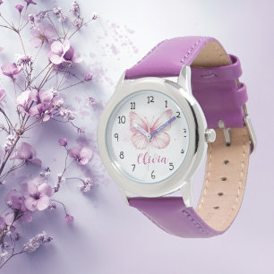 Schattigee Roze Vlinder Meisjes Gepersonaliseerde  Horloge