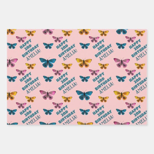 Schattigee Roze Vlinderpatroon Meisje Verjaardag Inpakpapier Vel (Voorkant 3)