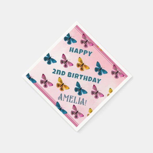 Schattigee Roze Vlinderpatroon Meisje Verjaardagsf Servet (Hoek)