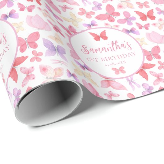 Schattigee roze vlinders Verjaardag Cadeaupapier (Rol Hoek)