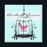 Schattigee Roze Vogel Bruid & Bruidegom Wedding Ba Magneet<br><div class="desc">Roze Love Bird en Aqua Blue met zwarte Birdcage bruid en bruidegom bruiloft magneet</div>