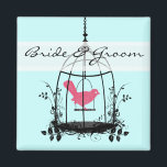 Schattigee Roze Vogel Bruid & Bruidegom Wedding Ba Magneet<br><div class="desc">Roze Love Bird en Aqua Blue met zwarte Birdcage bruid en bruidegom bruiloft magneet</div>
