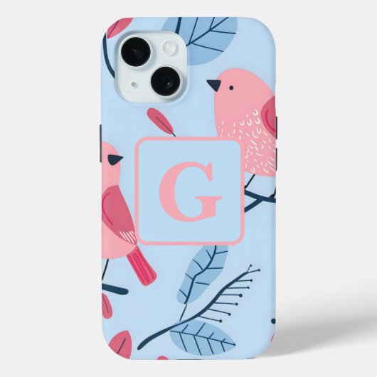 Schattigee roze vogel op lichtblauw gepersonalisee Case-Mate iPhone case (Achterkant)
