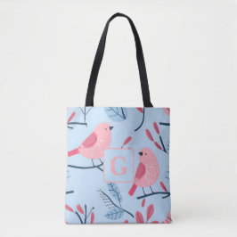 Schattigee roze vogel op lichtblauw gepersonalisee tote bag