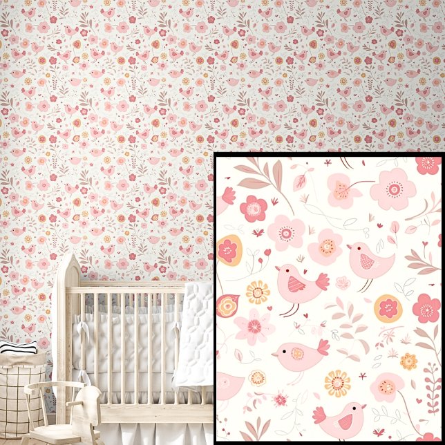 Schattigee Roze Vogels & Bloemen Behang (Creator heeft geüpload)