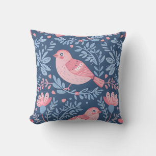 Schattigee roze vogeltjes op blauw grijs kussen