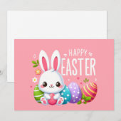 Schattigee, roze vrolijke paashaas feestdagenkaart (Voorkant / Achterkant)
