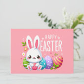 Schattigee, roze vrolijke paashaas feestdagenkaart (Staand voorkant)
