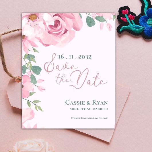 Schattigee Roze Waterverf Bloemen Huwelijk Save th Briefkaart