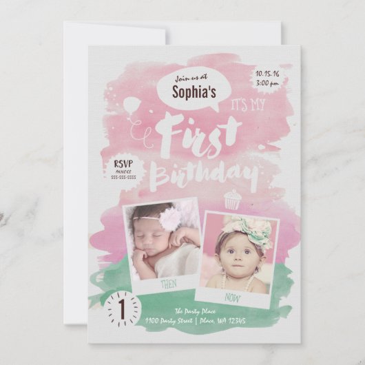 Schattigee Roze Waterverf Eerste Verjaardag Party Kaart (Voorkant)