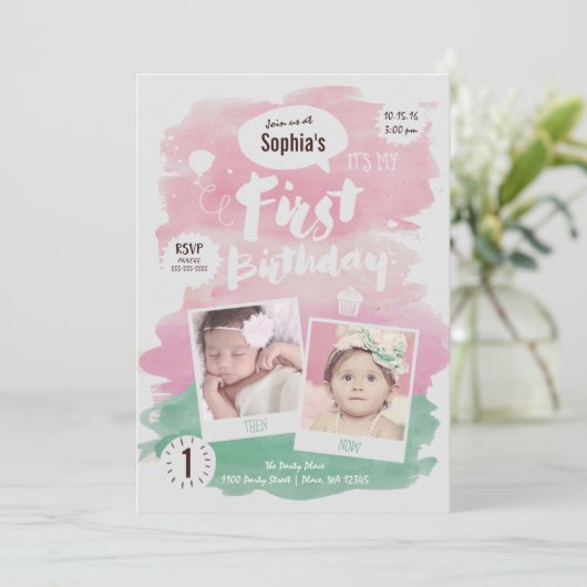 Schattigee Roze Waterverf Eerste Verjaardag Party  Kaart (Staand voorkant)