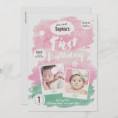 Schattigee Roze Waterverf Eerste Verjaardag Party Kaart (Voorkant / Achterkant)