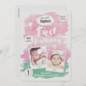 Schattigee Roze Waterverf Eerste Verjaardag Party  Kaart (Voorkant / Achterkant)