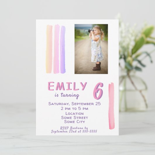 Schattigee Roze Waterverf Girly Foto Verjaardagsfe Kaart (Staand voorkant)