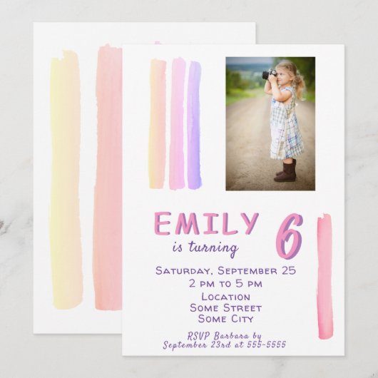 Schattigee Roze Waterverf Girly Foto Verjaardagsfe Kaart (Voorkant / Achterkant)