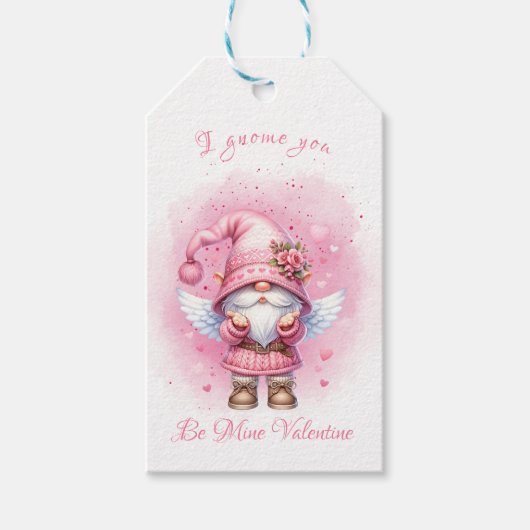 Schattigee Roze Waterverf Gnome Valentijnsdag Cadeaulabel (Voorkant)