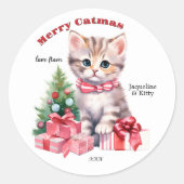 Schattigee Roze Waterverf Kitten Kerstmis Ronde Sticker (Voorkant)
