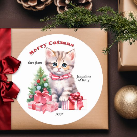 Schattigee Roze Waterverf Kitten Kerstmis Ronde Sticker