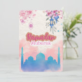 Schattigee Roze Waterverf Ramadan Mubarak  Feestdagenkaart (Staand voorkant)