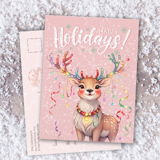Schattigee Roze Waterverf Rendieren en kerstverlic Briefkaart