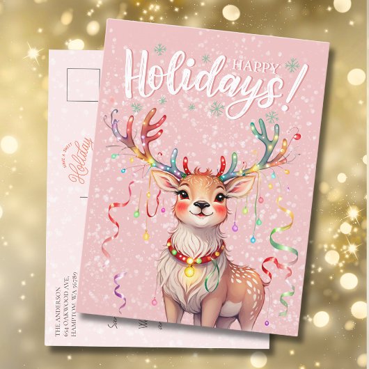 Schattigee Roze Waterverf Rendieren en kerstverlic Briefkaart