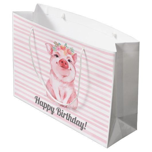 Schattigee Roze Waterverf Varkensverjaardag Groot Cadeauzakje (Achterkant Gekanteld)