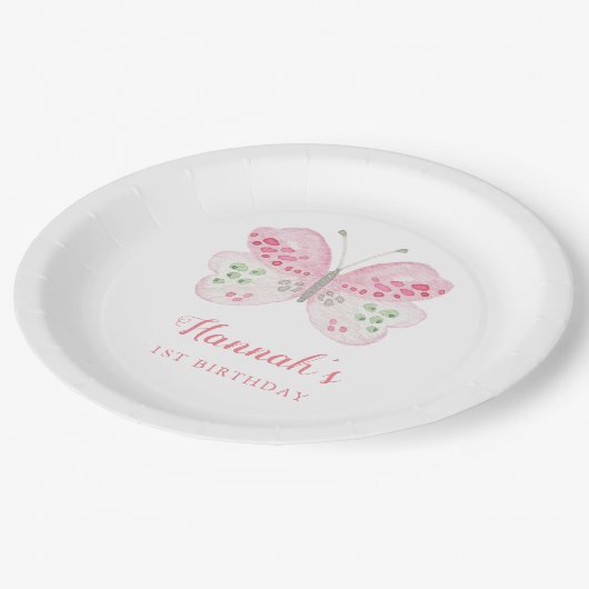 Schattigee Roze Waterverf Vlinder 1e Verjaardagsfe Papieren Bordje (Gekanteld)