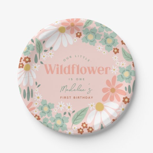 Schattigee Roze Wildflower Daisy Kinder eerste ver Papieren Bordje (Voorkant)