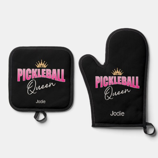 Schattigee Roze Wit Gouden Kroon Pickleball Queen Ovenwant & Pannenlap Set (Voorkant)