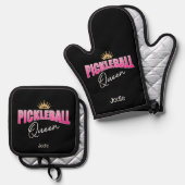 Schattigee Roze Wit Gouden Kroon Pickleball Queen Ovenwant & Pannenlap Set (Voorkant / Achterkant)