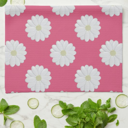 Schattigee Roze Witte Daisy Bloempatroon Keukenhan Theedoek (Gevouwen)