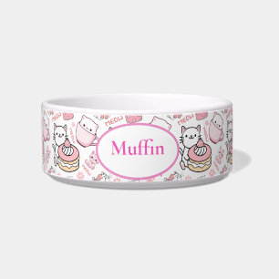 Schattigee Roze & Witte Kattenprint Gepersonalisee Voerbakje