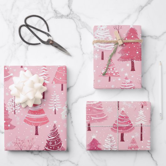 Schattigee Roze Witte Retro Kerstbomen Inpakpapier Vel (Voorkant)