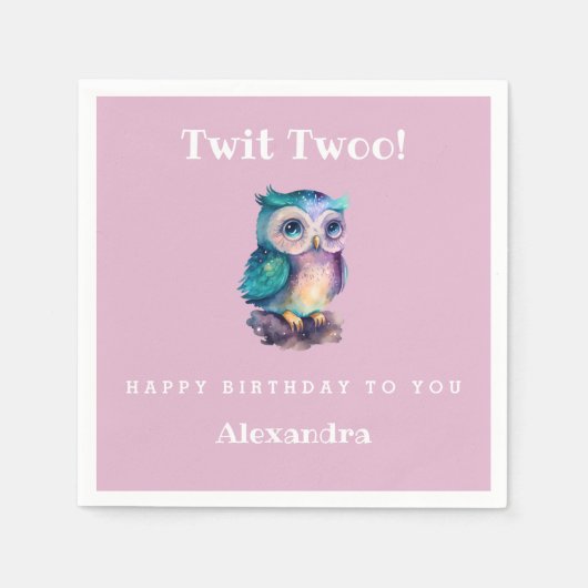 Schattigee Roze Woodland Owl Kids Verjaardag Servet (Voorkant)