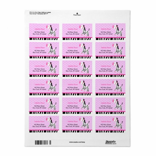 Schattigee roze Zebra-adreslabels Etiket (Full Sheet)