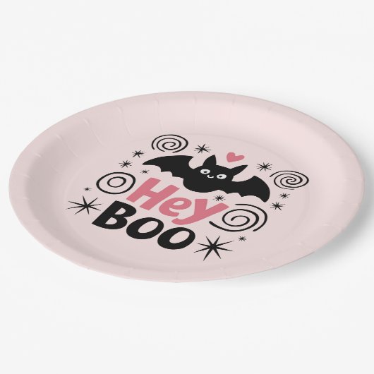 Schattigee Roze & Zwarte Boo Bat Halloween Party Papieren Bordje (Gekanteld)