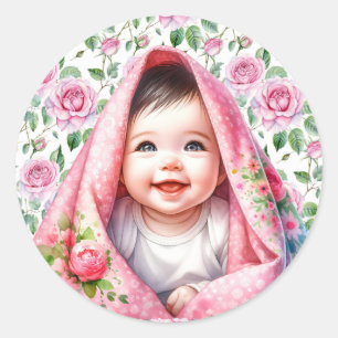 Schattigee Rozen en Glimlachend Meisje Ronde Sticker